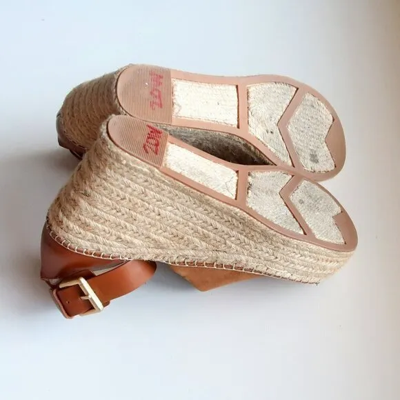 Marc Fisher Adalyn Brown Suede &amp; Leather Platform Espadrille Ankle Strap Sandals