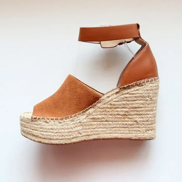 Marc Fisher Adalyn Brown Suede &amp; Leather Platform Espadrille Ankle Strap Sandals