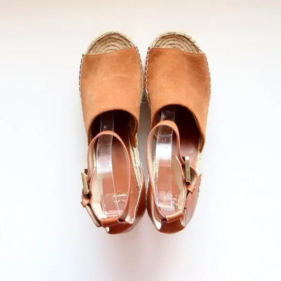 Marc Fisher Adalyn Brown Suede &amp; Leather Platform Espadrille Ankle Strap Sandals