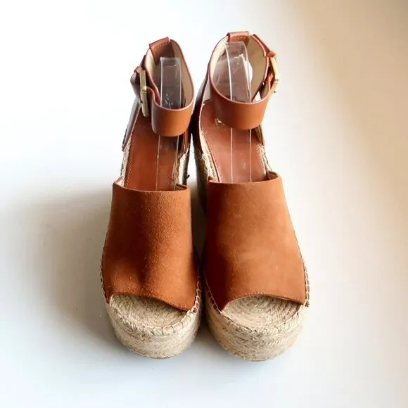 Marc Fisher Adalyn Brown Suede &amp; Leather Platform Espadrille Ankle Strap Sandals