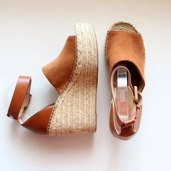 Marc Fisher Adalyn Brown Suede &amp; Leather Platform Espadrille Ankle Strap Sandals