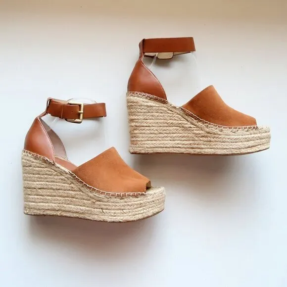 Marc Fisher Adalyn Brown Suede &amp; Leather Platform Espadrille Ankle Strap Sandals