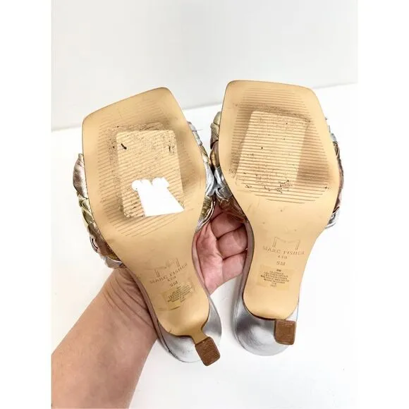 Marc Fisher LTD Sandals Womans Size 5 Silver Slip On Draya Woven Detailed Heels