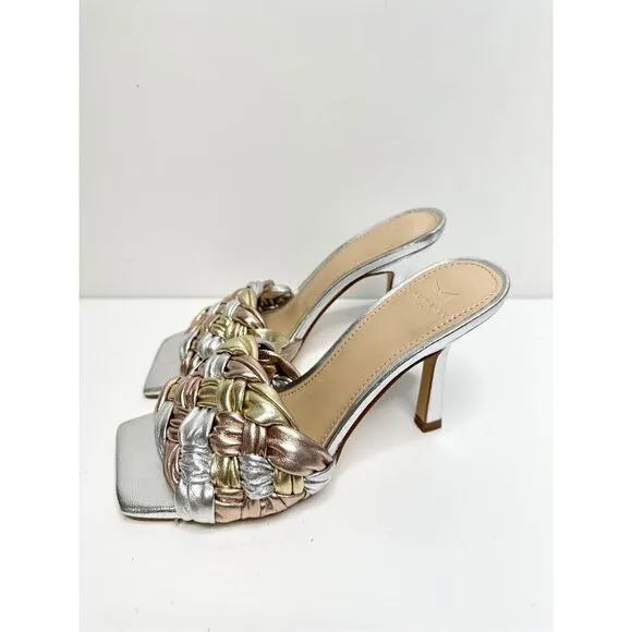 Marc Fisher LTD Sandals Womans Size 5 Silver Slip On Draya Woven Detailed Heels