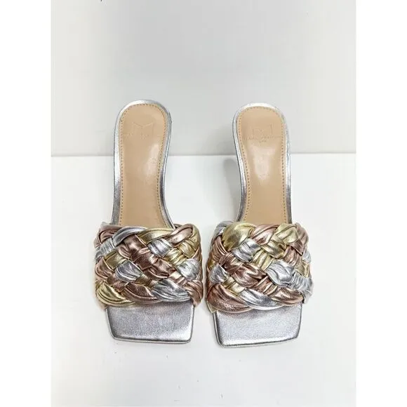 Marc Fisher LTD Sandals Womans Size 5 Silver Slip On Draya Woven Detailed Heels