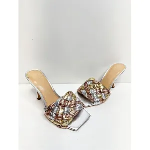 Marc Fisher LTD Sandals Womans Size 5 Silver Slip On Draya Woven Detailed Heels