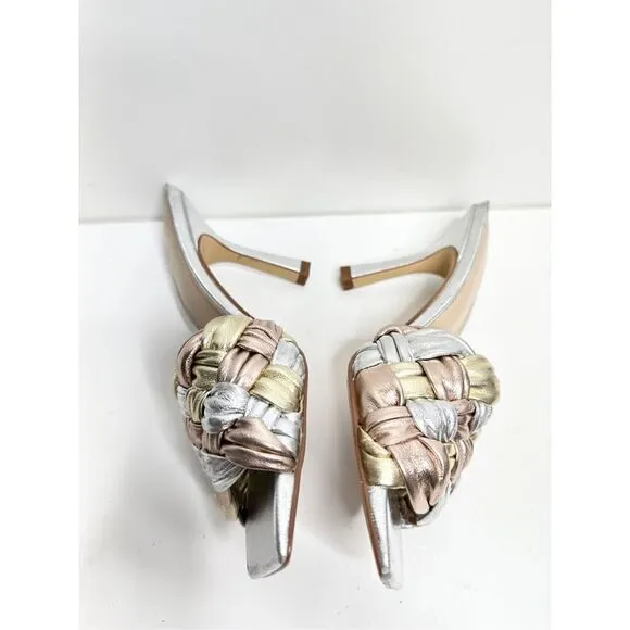 Marc Fisher LTD Sandals Womans Size 5 Silver Slip On Draya Woven Detailed Heels