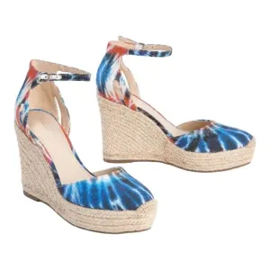 Marc Fisher Teelan Canvas Tie Dye SHOES 9W Ankle Strap Espadrille Wedge SANDALS