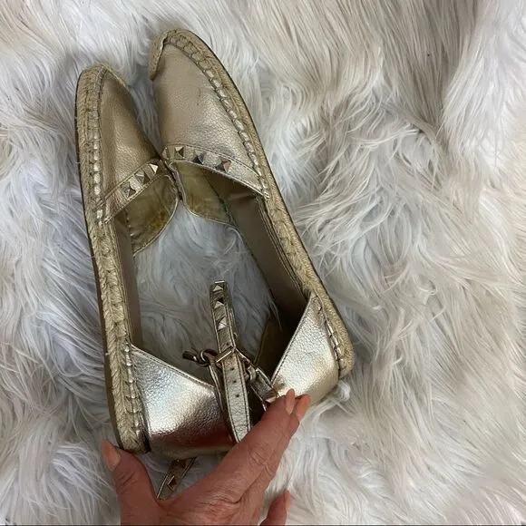 Marc Fisher Gaze gold studded ankle strap flat espadrilles sandals 10