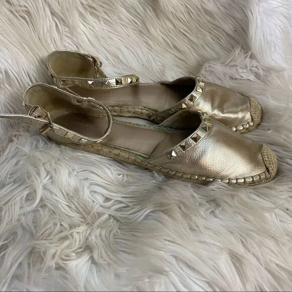 Marc Fisher Gaze gold studded ankle strap flat espadrilles sandals 10