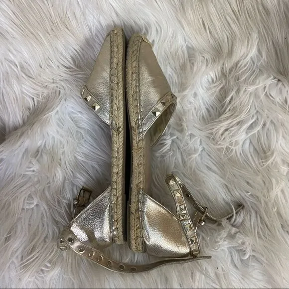 Marc Fisher Gaze gold studded ankle strap flat espadrilles sandals 10