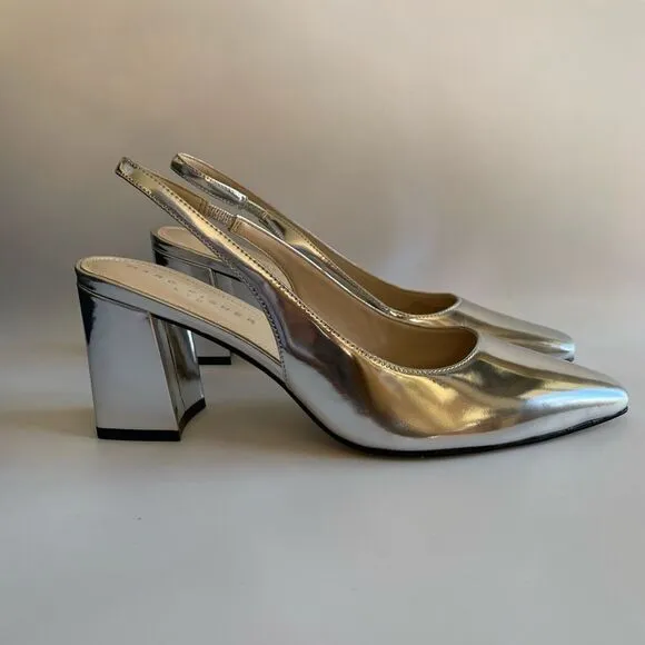 Marc Fisher Valinda Leather Slingback Heel Silver Mirror Metallic Size 9.5