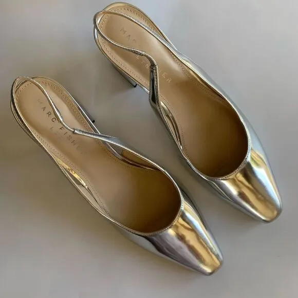 Marc Fisher Valinda Leather Slingback Heel Silver Mirror Metallic Size 9.5