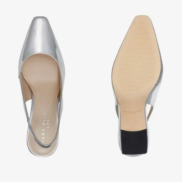 Marc Fisher Valinda Leather Slingback Heel Silver Mirror Metallic Size 9.5