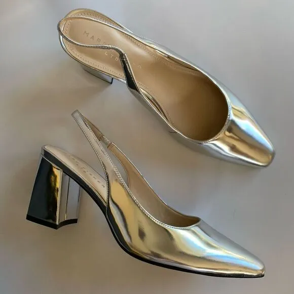 Marc Fisher Valinda Leather Slingback Heel Silver Mirror Metallic Size 9.5