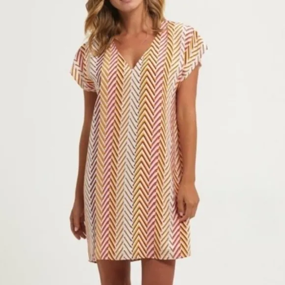 Marie Oliver Tan Andi Slip-on Belted Shift Dress Cap Sleeve Size S