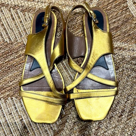 Marni Metallic Gold Leather Sandals | Size 38 | Square Toe Minimalist Luxe