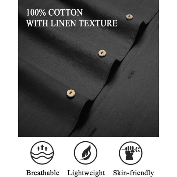 Men Black Casual Cotton Linen Shirt Short Sleeve Button Shirt Summer Beach Tops