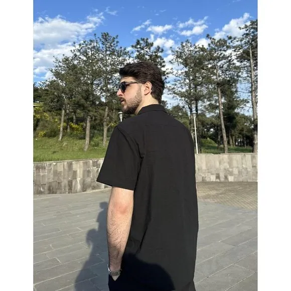 Men Black Casual Cotton Linen Shirt Short Sleeve Button Shirt Summer Beach Tops