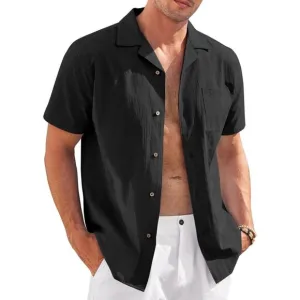 Men Black Casual Cotton Linen Shirt Short Sleeve Button Shirt Summer Beach Tops