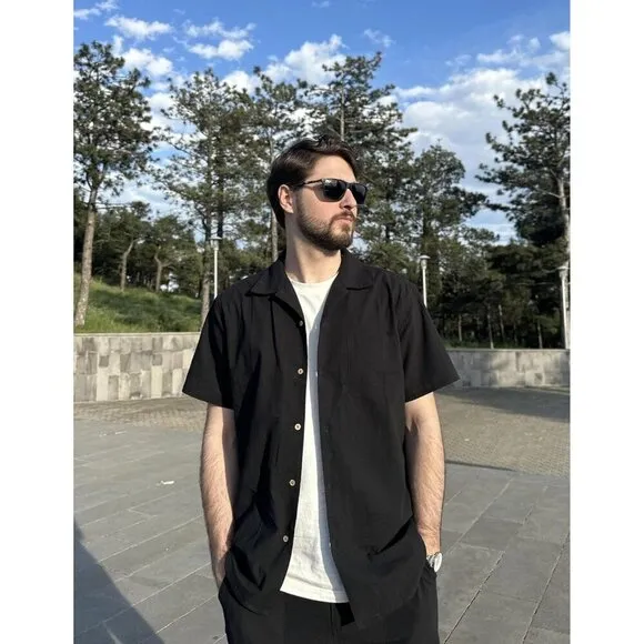 Men Black Casual Cotton Linen Shirt Short Sleeve Button Shirt Summer Beach Tops
