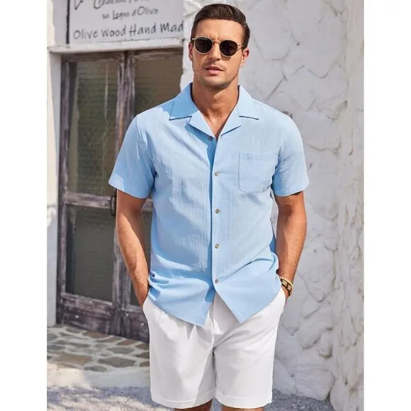 Men Blue Casual Cotton Linen Shirt Short Sleeve Button Up Shirt Summer Beach Top