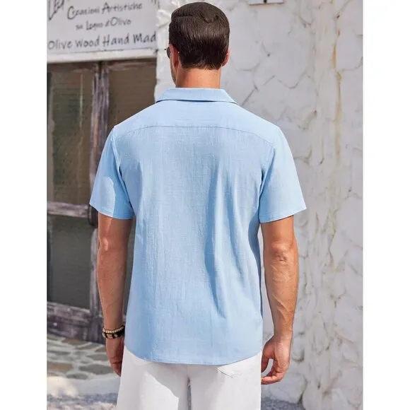 Men Blue Casual Cotton Linen Shirt Short Sleeve Button Up Shirt Summer Beach Top