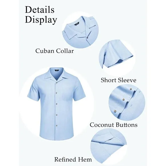 Men Blue Casual Cotton Linen Shirt Short Sleeve Button Up Shirt Summer Beach Top