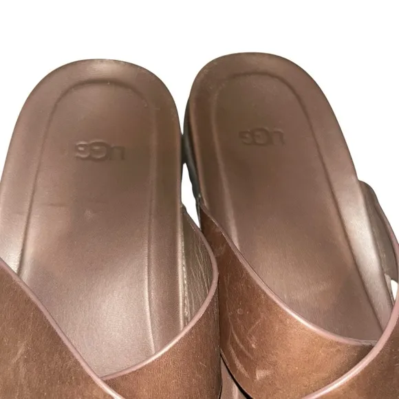 Men UGG Wainscott Slide Brown Leather Sandals slip on shoes size 11 flip flops