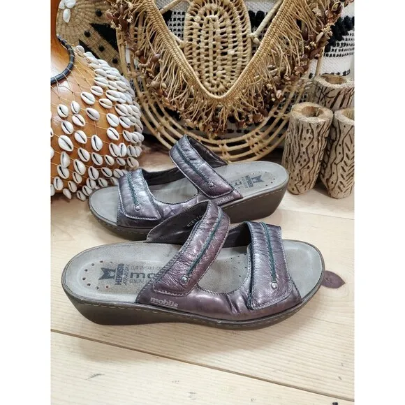 Mephisto Air Relax Mobils Womens 10/40 Wedge Sandals Adj Brown Leather Comfort