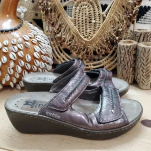 Mephisto Air Relax Mobils Womens 10/40 Wedge Sandals Adj Brown Leather Comfort