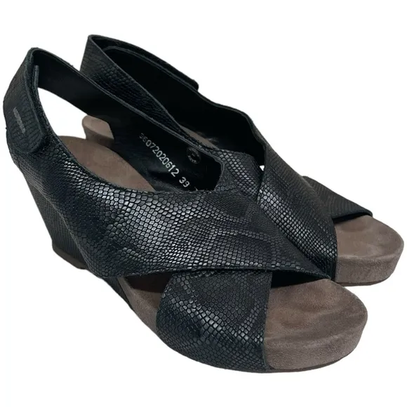 MEPHISTO Black Snake Belina Python Slingback Wedge Sandals Size 39 US 9