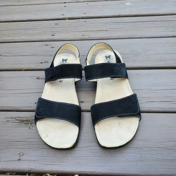 Mephisto Comfort Agave Black Bucksoft Nubuck Suede Leather 2 Strap Sandals 42