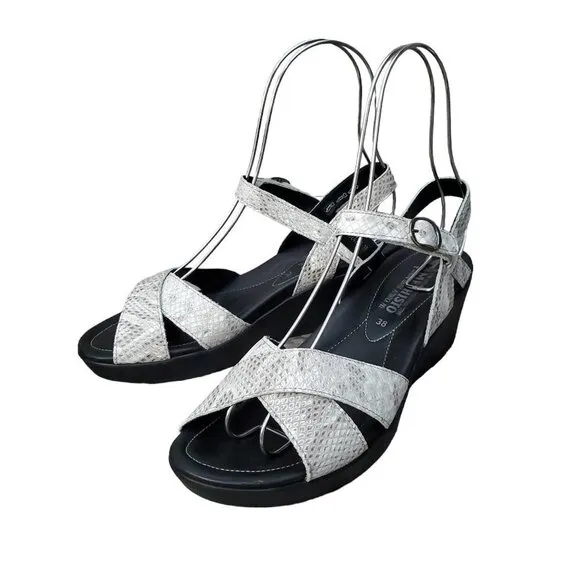 Mephisto Grey Leather Snake Print Wedge Sandals