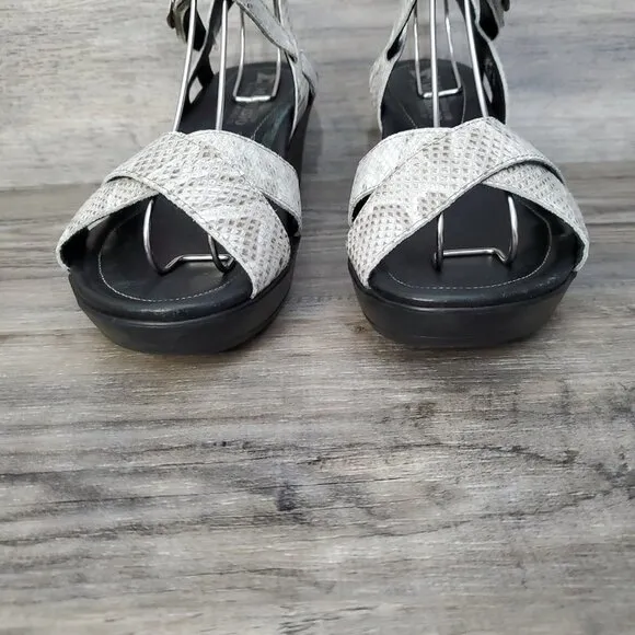 Mephisto Grey Leather Snake Print Wedge Sandals