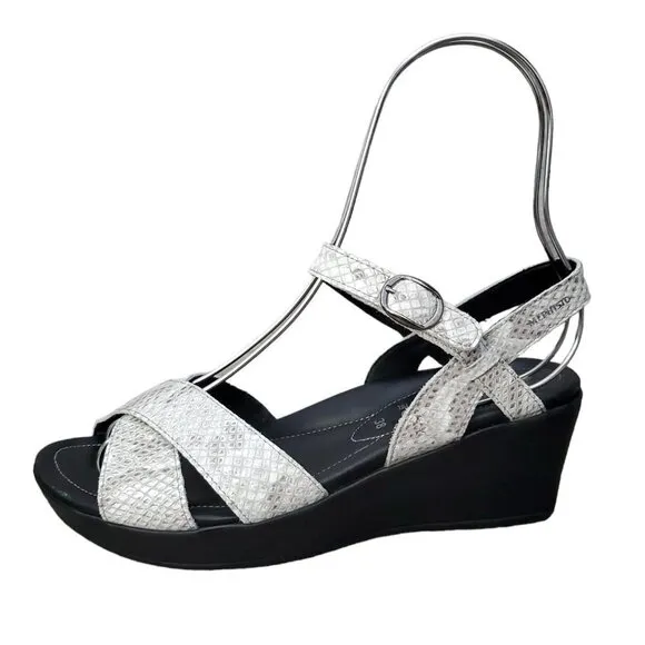 Mephisto Grey Leather Snake Print Wedge Sandals