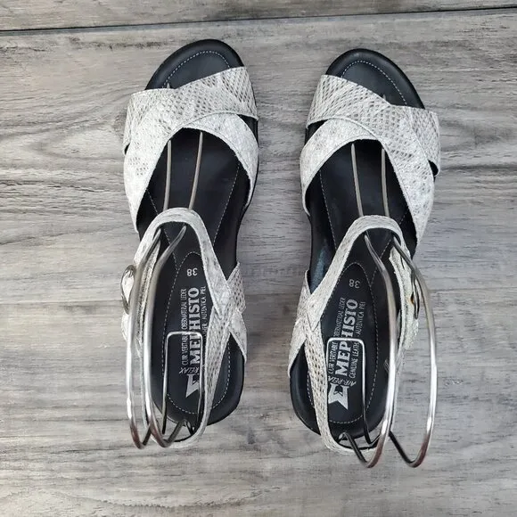 Mephisto Grey Leather Snake Print Wedge Sandals