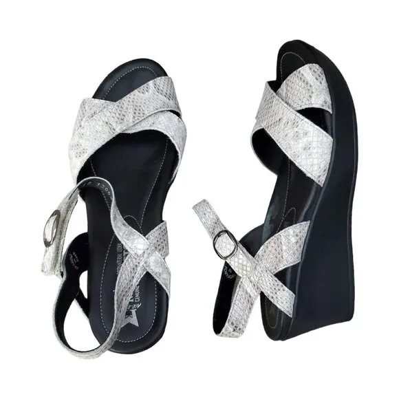 Mephisto Grey Leather Snake Print Wedge Sandals