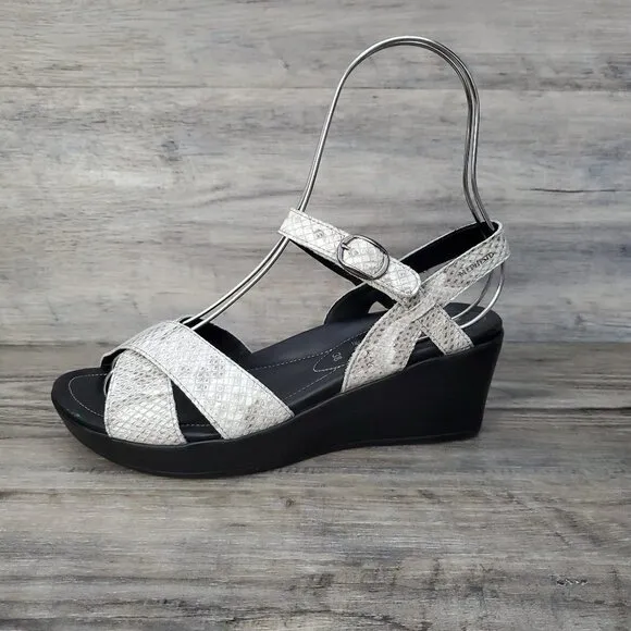 Mephisto Grey Leather Snake Print Wedge Sandals