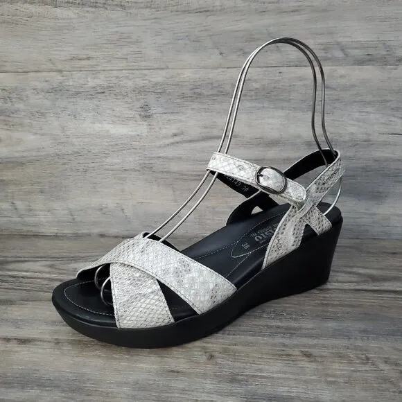 Mephisto Grey Leather Snake Print Wedge Sandals