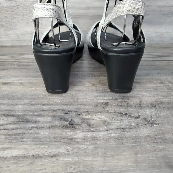 Mephisto Grey Leather Snake Print Wedge Sandals
