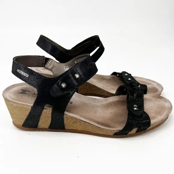 Mephisto Minoa Black Liz Cork Wedge Sandals Size 42