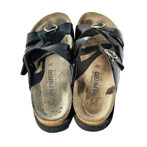 Mephisto Womens Sandals Cork Footbed Double Strap Buckle Slip On Black Size 37 /