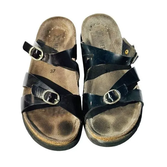 Mephisto Womens Sandals Cork Footbed Double Strap Buckle Slip On Black Size 37 /