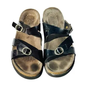Mephisto Womens Sandals Cork Footbed Double Strap Buckle Slip On Black Size 37 /