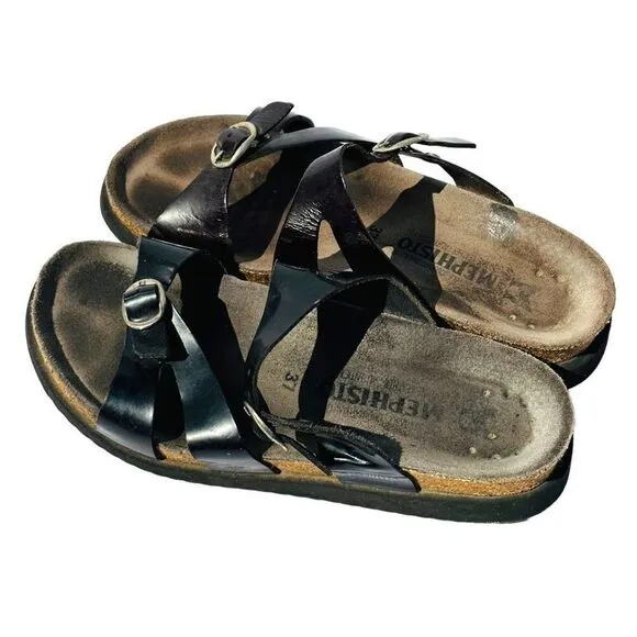 Mephisto Womens Sandals Cork Footbed Double Strap Buckle Slip On Black Size 37 /