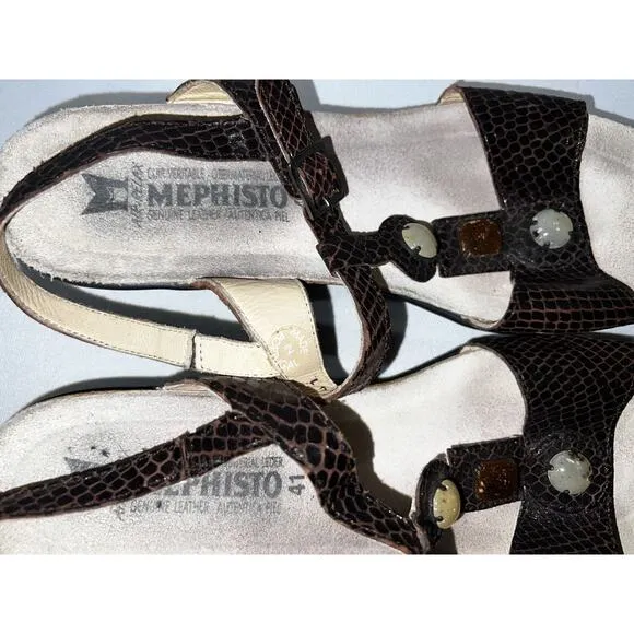 MEPHISTO Women's Sz 41 /11 Brown Embossed Beaded Air Relax T-Strap Wedge Sandals