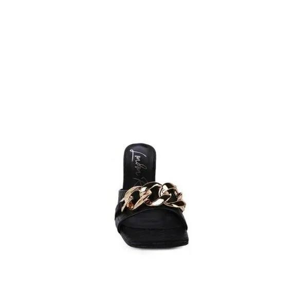 MERMAID Quilted Metal Chain Heeled Sandals - Black   Size-10