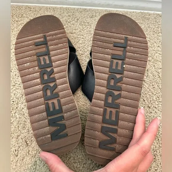 MERRELL | Black Leather Juno Crisscross Embroidered Slide Sandals | Womens 10