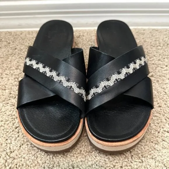 MERRELL | Black Leather Juno Crisscross Embroidered Slide Sandals | Womens 10